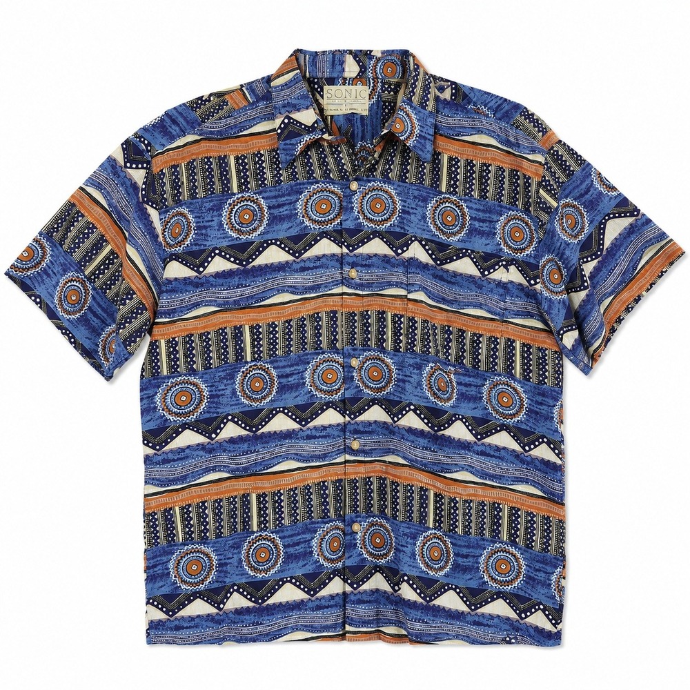 Vintage Sonic Clothing Co Aboriginal Print Shirt Mens Large Blue Made Australia